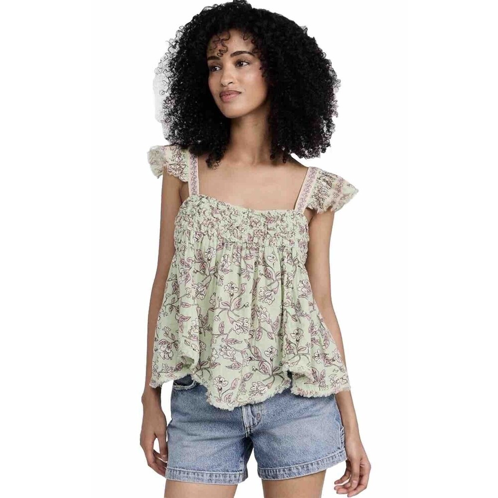 Free People Women's Adella Printed Babydoll Top, Sweet Mint Combo Size Médium NW